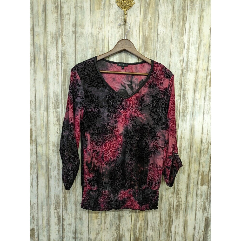 Sami & Jo Red Black Velvet Burnout Witchy Whimsy Goth Smocked 3/4 Sleeve Top M